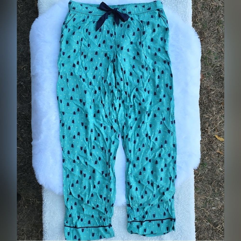Aerie Women's Teal W/ Navy Trees Pajama Bottom Pants Yellow Polka Dots Juniors M